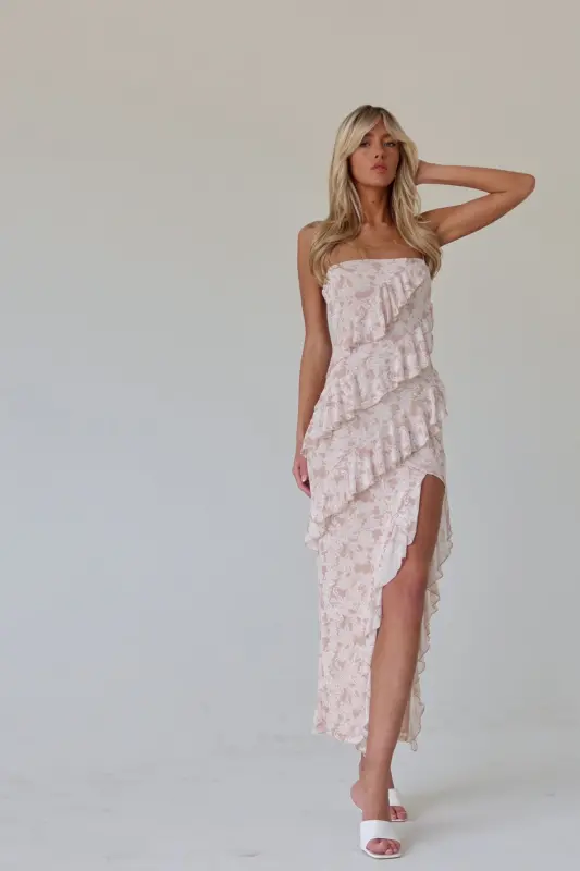 Nude Tiered Ruffle Leg Slit Midi Dress